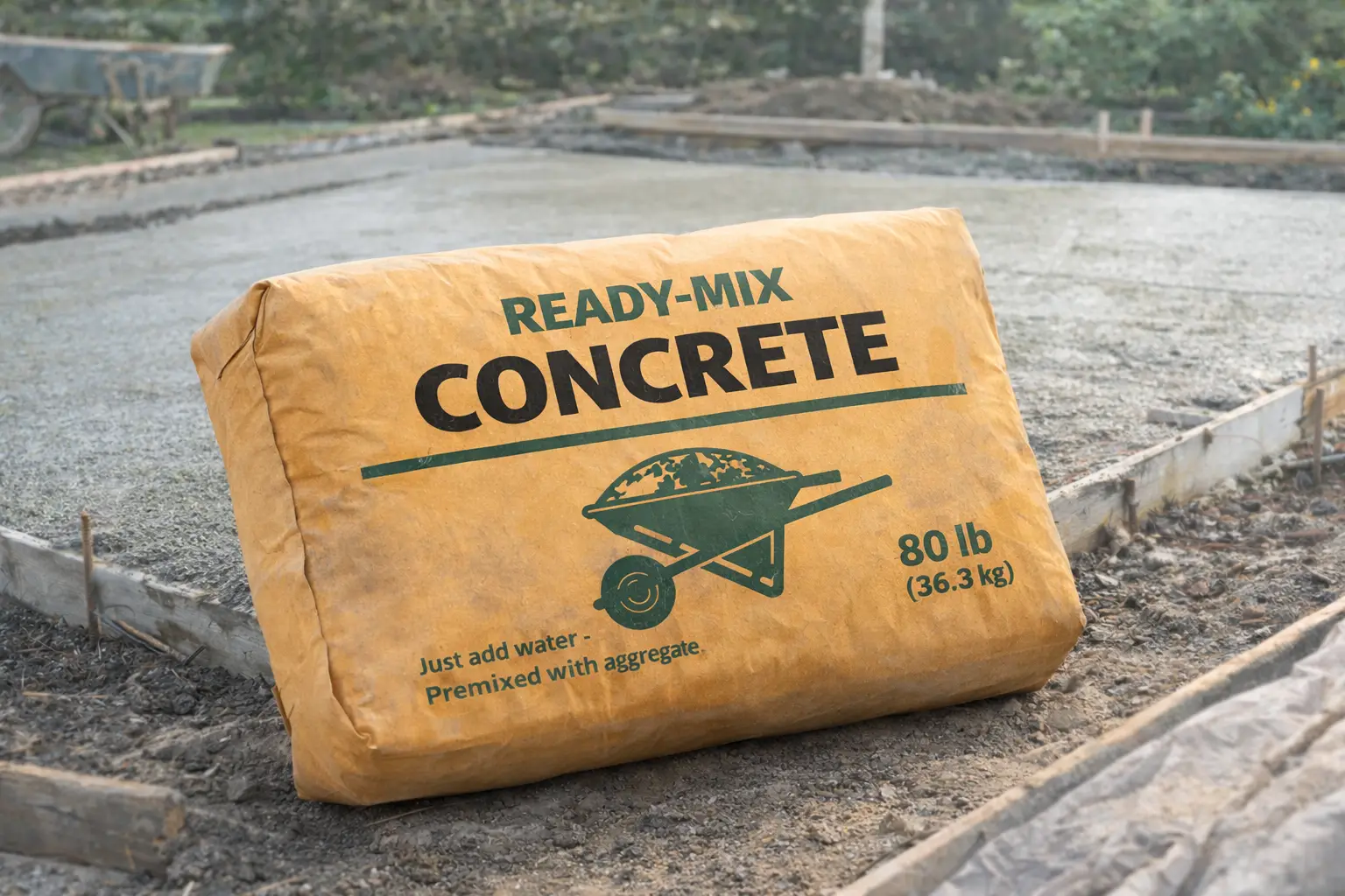 Bag of ready-mix concrete on site, Ark's Landscaping Concrete Calculator can help estimate your needs