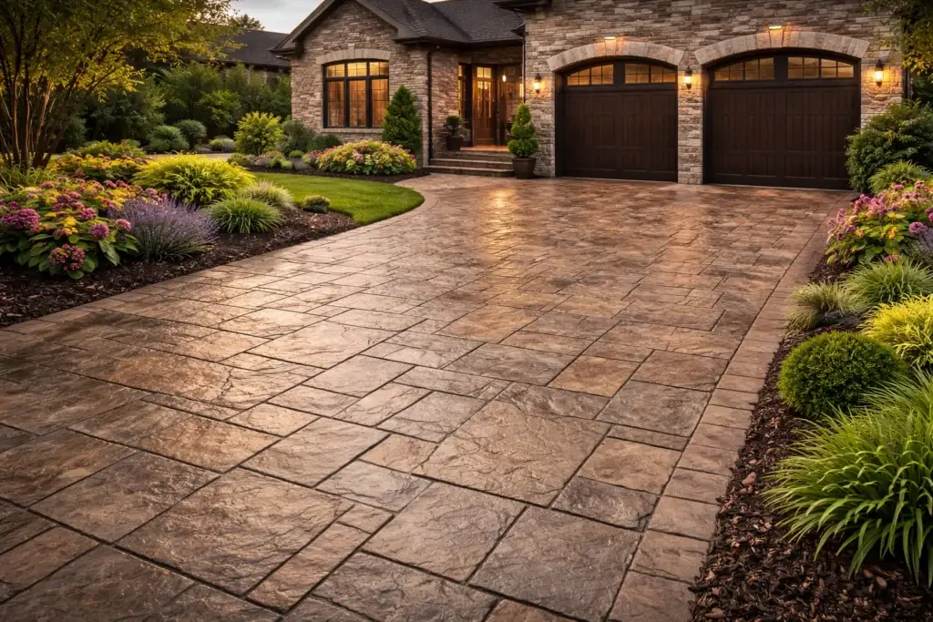 Elegant Mississauga stamped concrete driveway with lush landscaping.